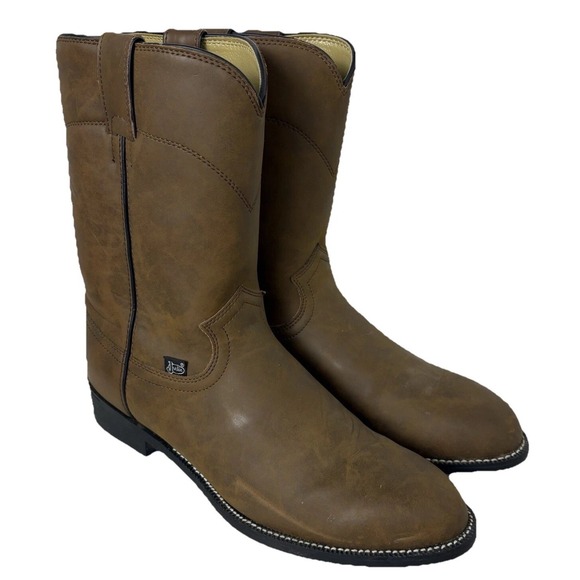 Men's Justin Basic Roper Brown Cowboy Boots JB3001 Western Faux Leather 10D‎ - Picture 1 of 8